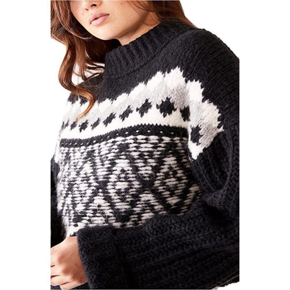 FREE PEOPLE ONYX COMBO SWEATER ALPINE PULLOVER WOOL MOCK NECK FLARE SLEEVE NWT